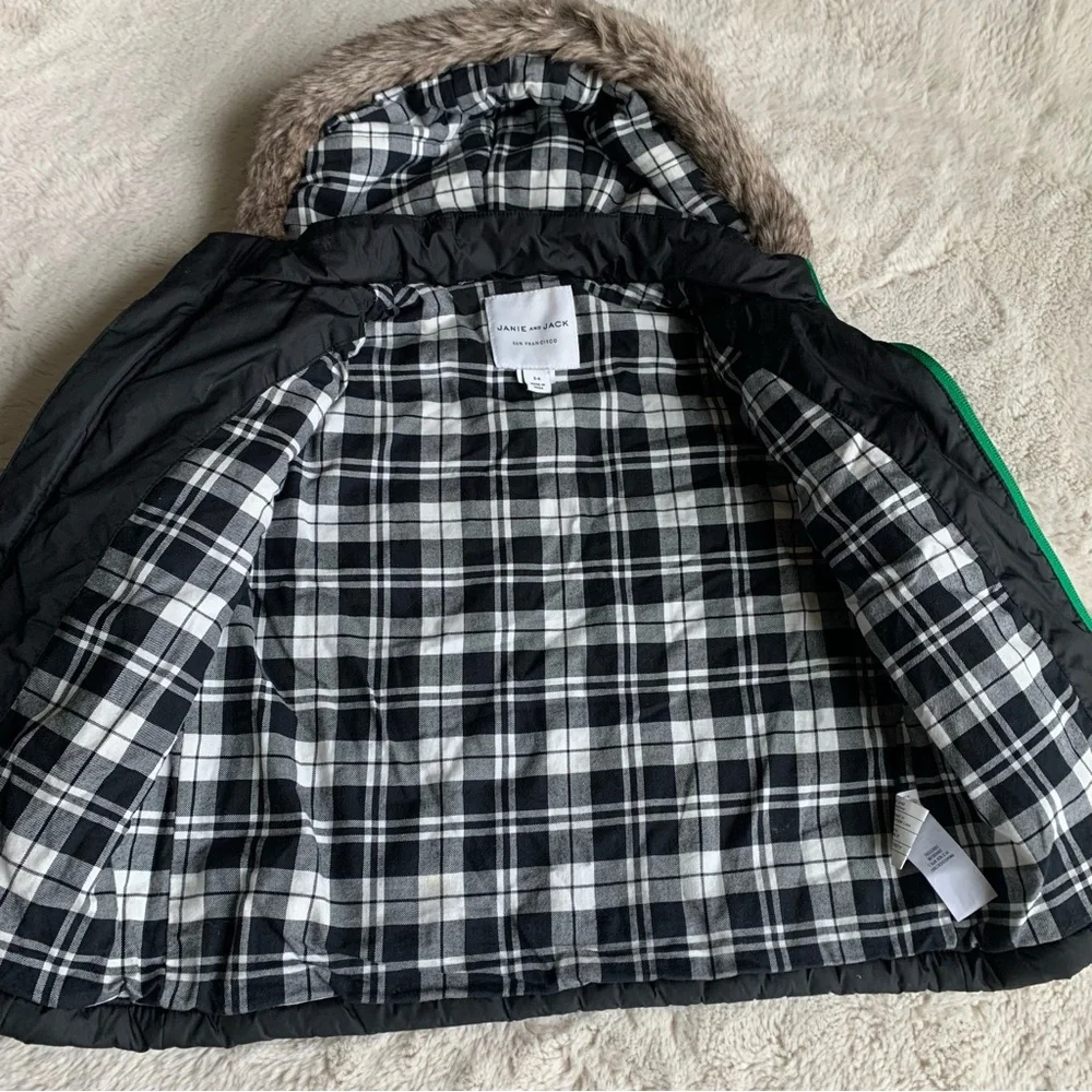 Janie and Jack Black Puffer Winter Coat Faux Fur Hood‎ Size 3-4 Years